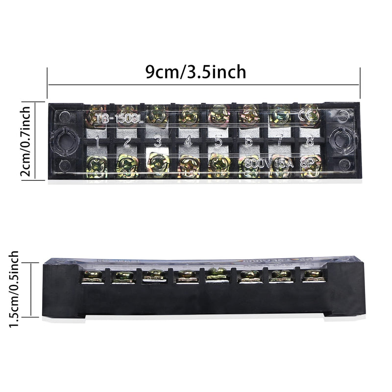 PNGKNYOCN 8 Positions Dual Rows 600V 15A Barrier Screw Terminal Strip Block with Cover TB-1508（5-Pack ）