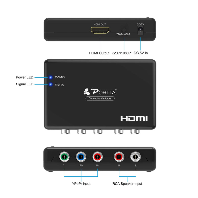 PORTTA Component to HDMI Converter with Scaler 1080p 720p, YPbPr + R/L Audio to HDMI Adapter, 5 RCA RGB to HDMI Video Converter for PS2 PS3 PSP DVD Wii Xbox 360 RGB to HDMI Scaler