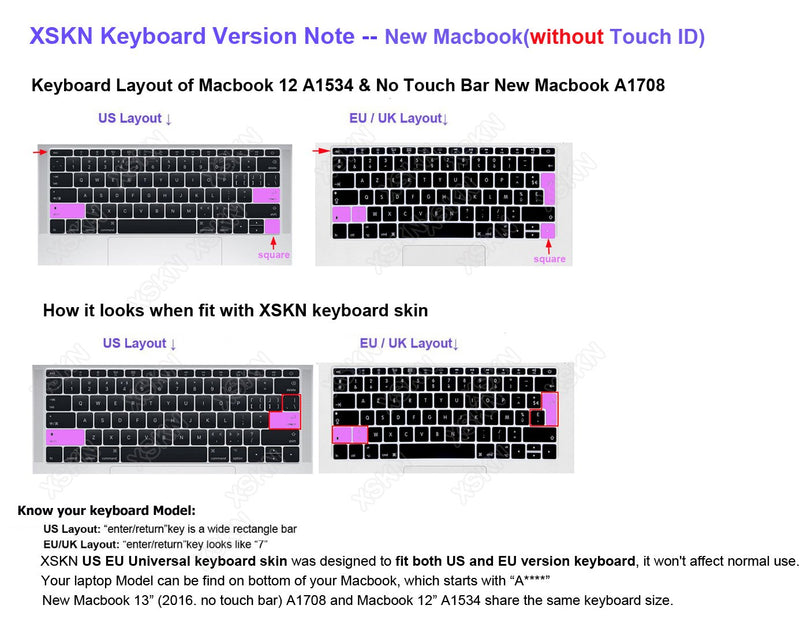 XSKN 2016 Shortcut Design Series Keyboard Skin Cover for New MacBook 12 (2015 Model A1534) and New MacBook Pro 13 (2016 Newest Version A1708, No Touch Bar), US&EU Version (Logic)