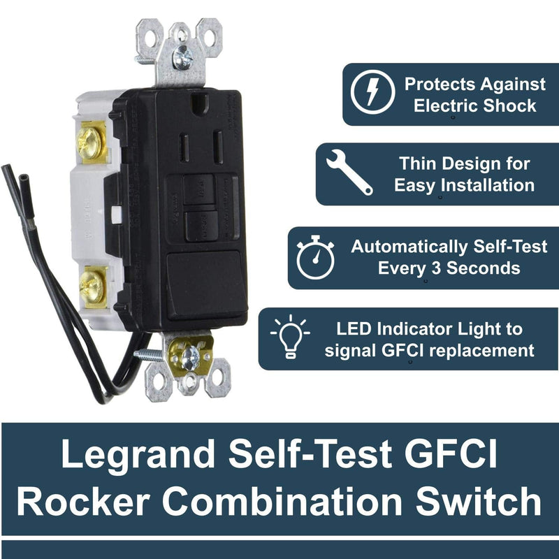 Legrand radiant Self-Test GFCI Rocker Decorator Switch, Safe for Kids, Tamper Resistant Outlets, 15 Amps, Black, 1597SWTTRBKCCD4