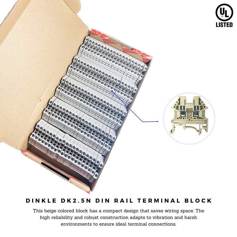 [AUSTRALIA] - Dinkle DK2.5N DIN Rail Terminal Block Screw Type UL 600V 20A 12-22AWG, Pack of 100 