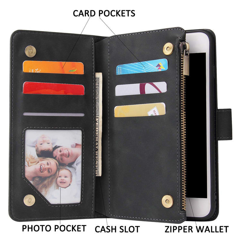 UEEBAI Wallet Case for iPhone SE 2020 iPhone 7 iPhone 8, Premium Vintage PU Leather Magnetic Closure Handbag Zipper Pocket Kickstand Card Holder Slots with Wrist Strap Shockproof Flip Case - Black