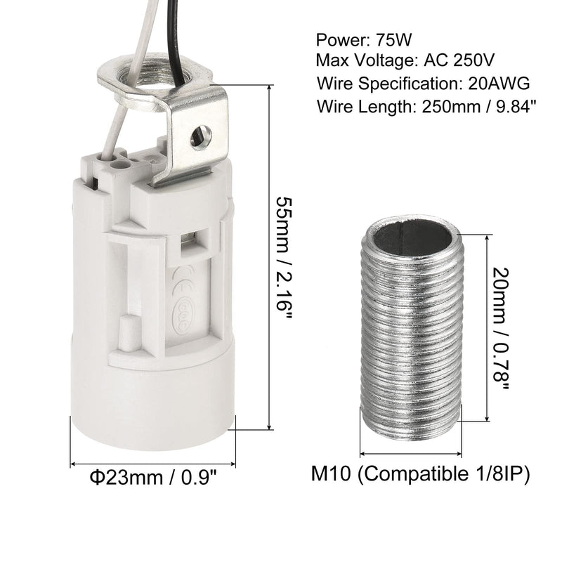 MECCANIXITY E14 Bulb Socket Plastic Bulb Candle Lamp Holder White 23x55mm with M10 Lamp Pipe Nut & Wire for E14 Bulb, Pack of 6