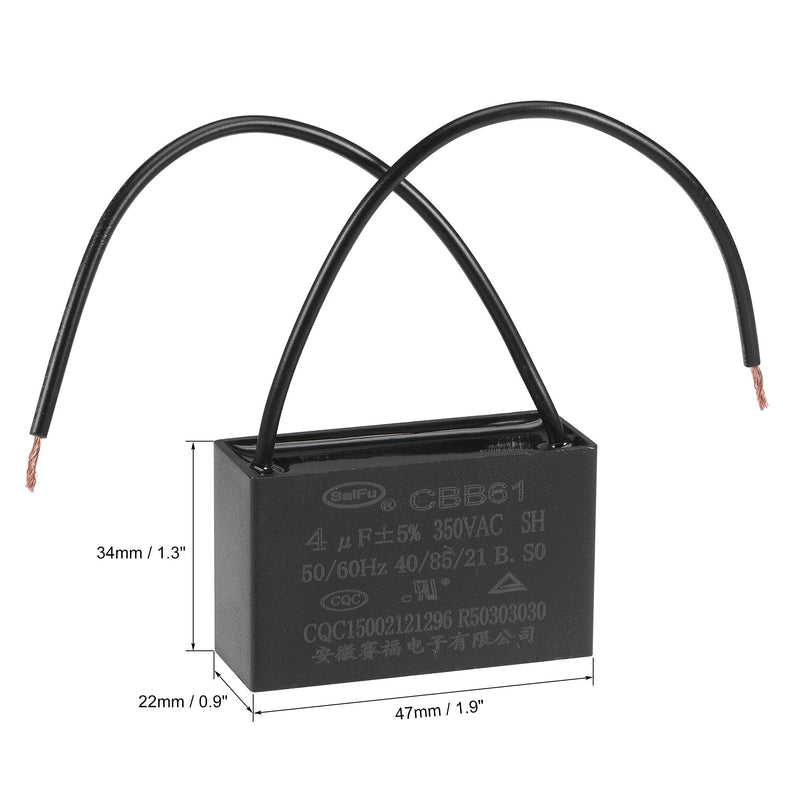 uxcell Ceiling Fan Capacitor CBB61 4uF 350V AC 2 Wires Metallized Polypropylene Film Capacitor 47x29x18mm for Electric Fan Pump Motor Generator 3Pcs
