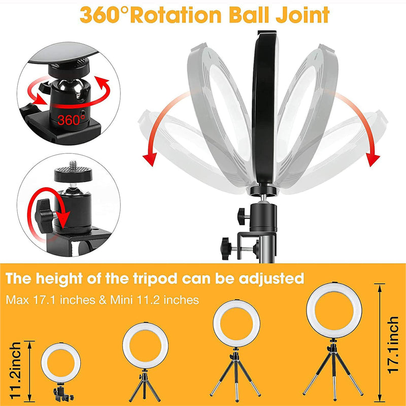 6'' Ring Light with Tripod & Clamp, Video Conference Lighting Kit, Desktop Light for Remote Meeting, Online Teaching, Live Streaming , Video, 3 Light Modes & 10 Brightness Level