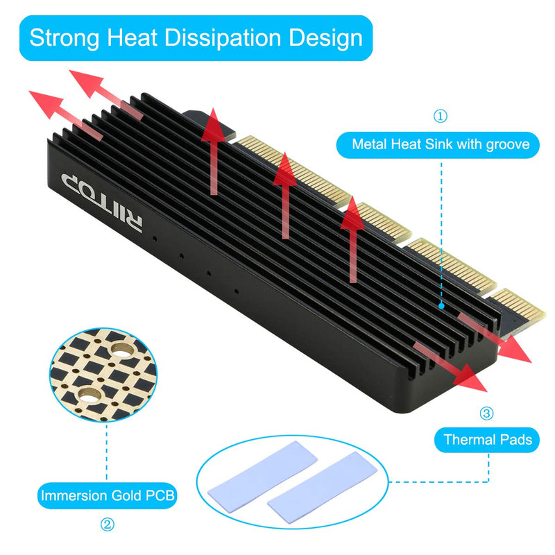 RIITOP NVMe Adapter M.2 PCIe SSD to PCI-e x4/x8/x16 Converter Card with Heat Sink for M.2 (M Key) NVMe SSD 2280/2260/2242/2230 [Upgraded]