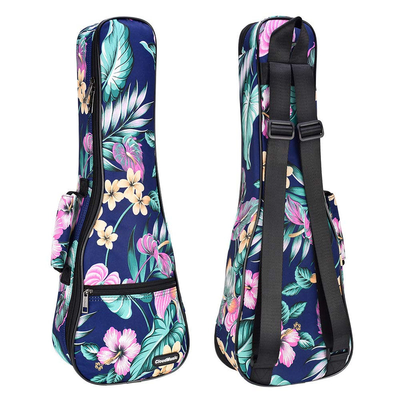 CLOUDMUSIC Ukulele Case Water Resistant Waterproof Ukulele Backpack Hawaiian Hibiscus Flowers For Soprano Concert (Concert, Flowers in dark blue)