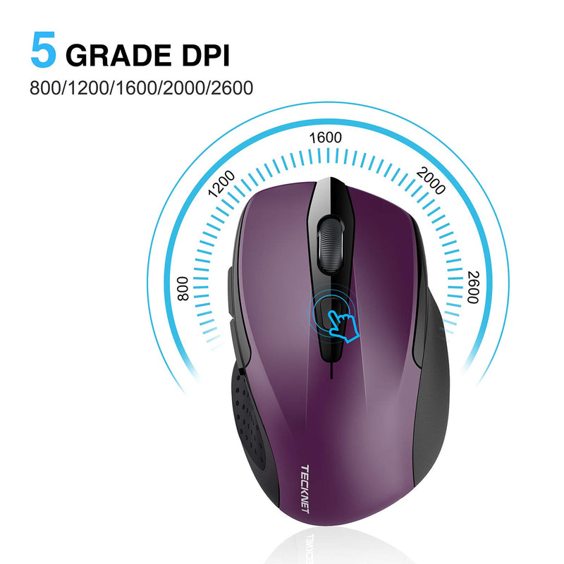 TECKNET Pro 2.4G Ergonomic Wireless Optical Mouse with USB Nano Receiver for Laptop,PC,Computer,Chromebook,Notebook,6 Buttons,24 Months Battery Life, 2600 DPI, 5 Adjustment Levels Purple