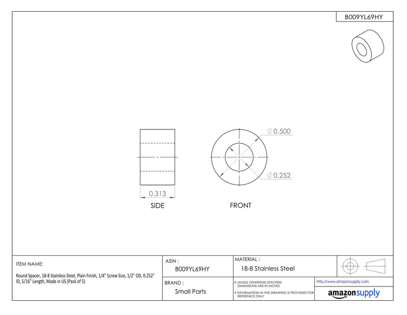 Round Spacer, 18-8 Stainless Steel, Plain Finish, #2 Screw Size, 1/8" OD, 0.09" ID, 3/8" Length, Made in US (Pack of 5) 1/8 Inches 0.09 Inches 3/8 Inches
