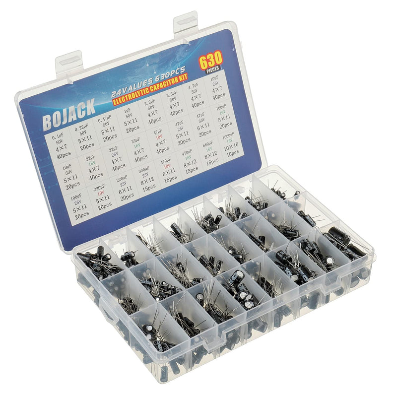 BOJACK 24Value 630pcs Aluminum Electrolytic Capacitor Assortment Box Kit Range 0.1uF－1000uF