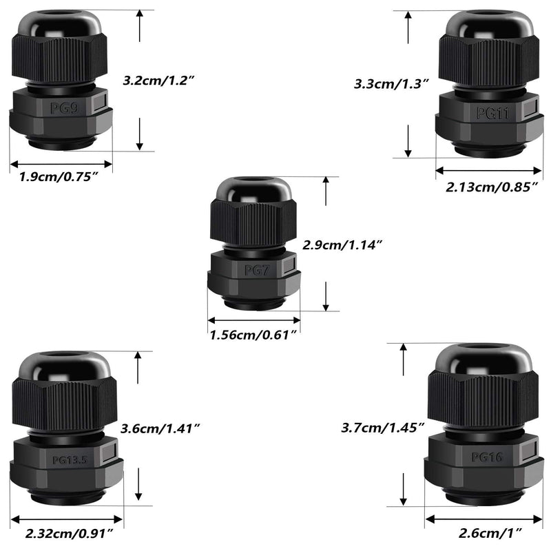 mxuteuk 35 Packs Cable Glands Cable Connectors Plastic Nylon Wire Protectors Joints Waterproof Adjustable Black With Gaskets PG7, PG9, PG11, PG13.5, PG16 (7 each) PG-5S-7BK