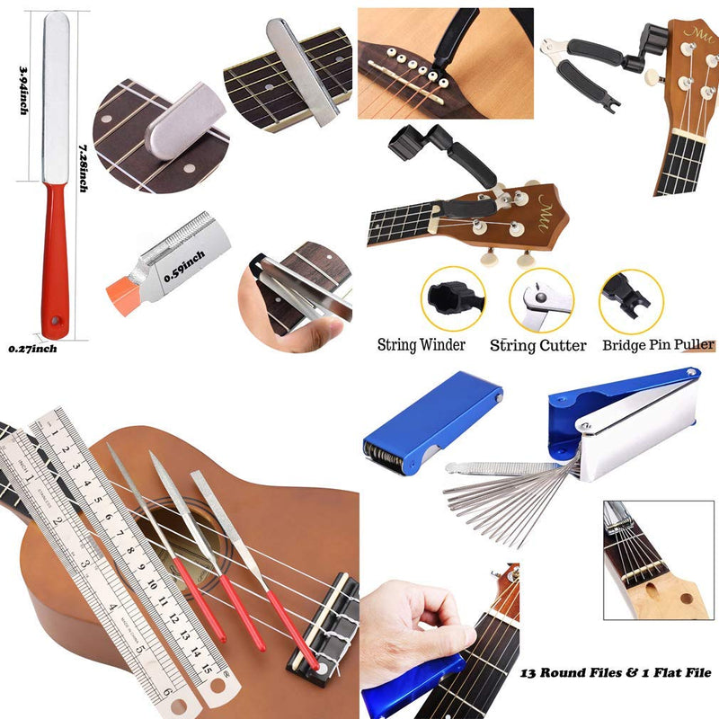 TIMESETL Guitar Repairing Maintenance Tools Kit String Organizer String Action Ruler Gauge Measuring Tool Hex Wrench Set Files Fingerboard Guard Understring Radius Gauges Guitar Fret Rocker Leveling