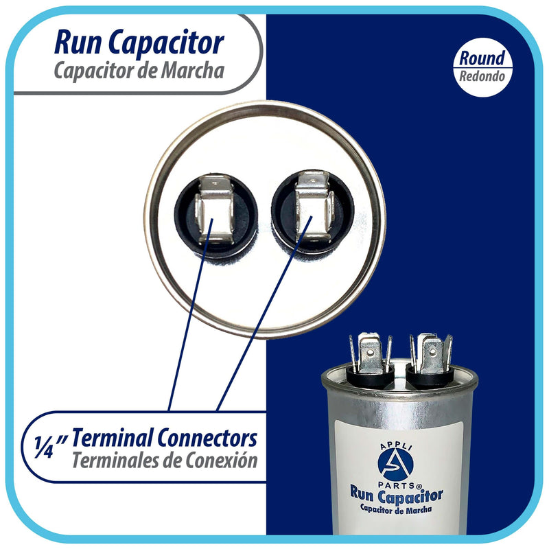 Appli Parts Run Capacitor for ac 10 Mfd uF (microfarads) 370 VAC or 450 VAC CBB65 Round Universal fit for hvac and other applications 3 in High 1-1/2 in Wide CON-10-450