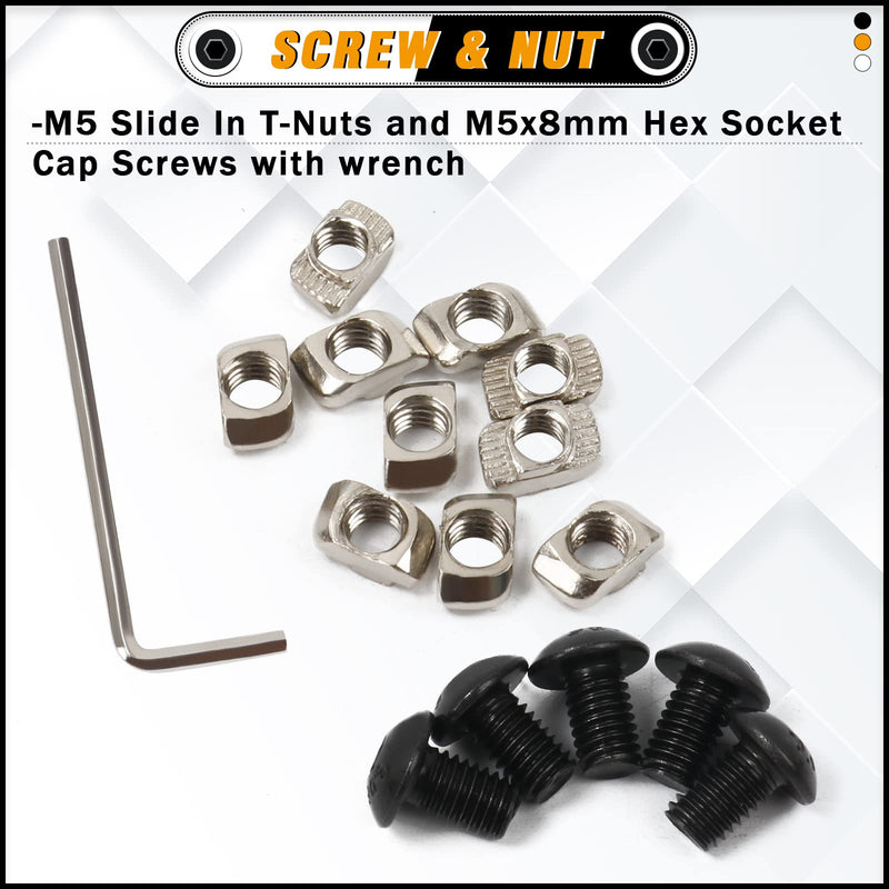 KOOTANS 10pcs 2020 Series Black 5 Hole T Shape Joint Plates with 50pcs M5 T Nuts + 50pcs M5x8mm Hex Socket Cap Screws + 1pcs Wrench, for Standard 6mm Slot Aluminum Profile 3D Printer Frame