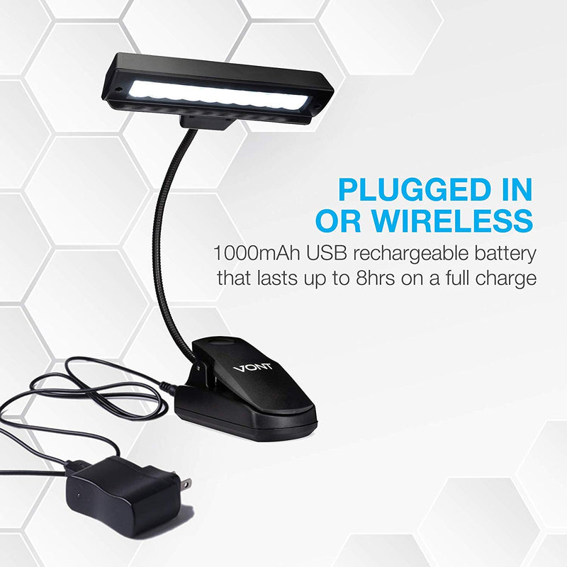 Vont Clip On Book Light, Rechargeable Stand Light, Made From 10 LEDs, Orchestra Lamp with Adjustable Neck, Use as: Reading Light, USB Desk Lamp & More