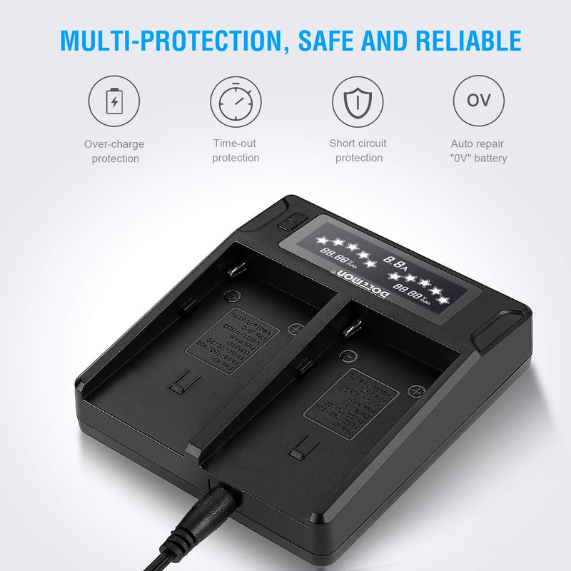 DOTTMON LCD Dual Slots Fast NP-F970 Battery Charger with 2 Plug(US Plug,Car Adapter) for Sony NP-F550 F570 F750 F770 F930 F950 F960 F970, NP-FM50 FM500H QM71 QM91 QM71D QM91D Camcorder Batteries