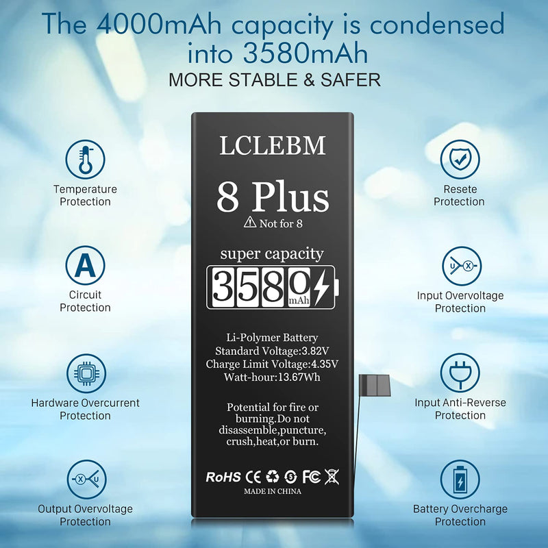 [3580 mAh]Battery for iPhone 8 Plus, LCLEBM Ultra Durable 8 Plus Replacement Battery Kit over 1000+ Charging Cycles with Repair Tools and Video Instruction