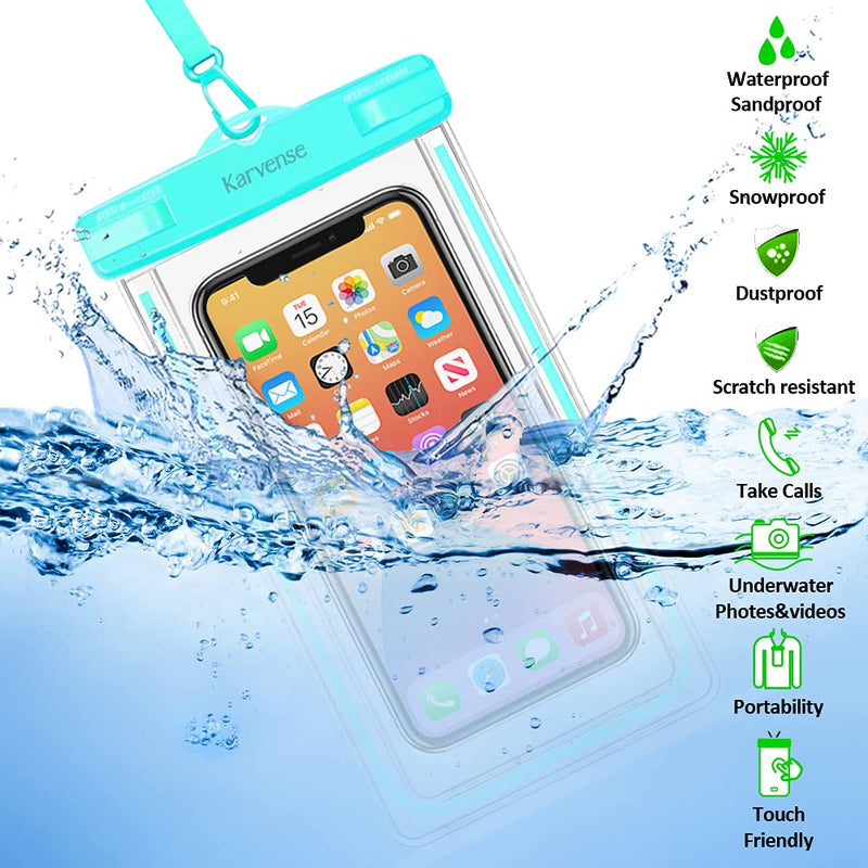 Waterproof Cell Phone Pouch Case, Karvense 2 Pack Universal Luminous Waterproof Phone Bag/Holder for iPhone, Samsung Galaxy, LG, Moto, Dry Bag for Beach, Shower, Pool, Kayaking, Snorkeling, Vacation Cyan, Pink