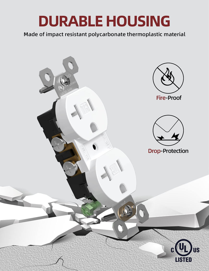 AIDA Duplex Electrical Receptacle Outlets, 20Amp 125V Wall Outlet, Residential, TR, 3-Wire, Self-Grounding, UL Listed, Push & Side Wire, White (10 Pack)