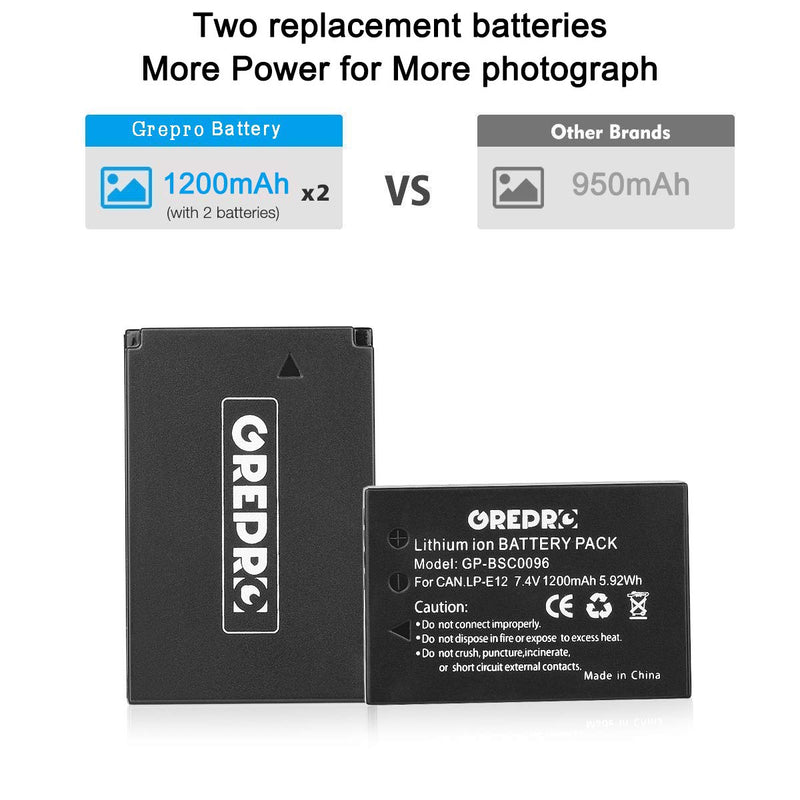 Grepro LP-E12 LCD Display Dual USB Camcorder Battery Chargers and 2-Pack Batteries 100% Compatible for EOS M50, EOS M100, EOS M10, EOS Rebel SL1, EOS 100D, EOS M2, Canon EOS M