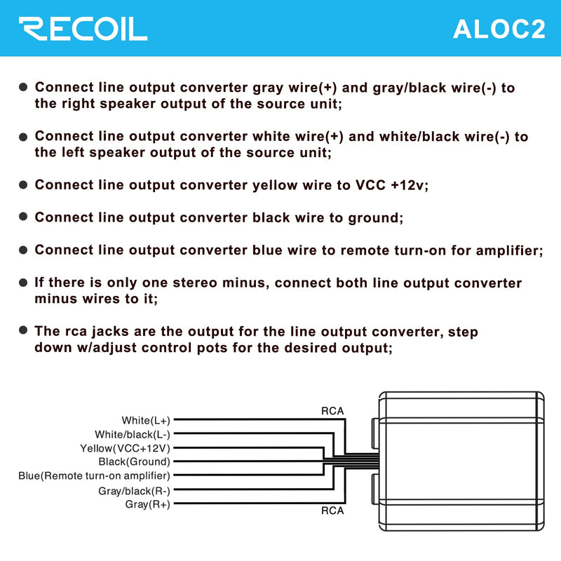 RECOIL ALOC2 2-Channel Speaker Cable to RCA Adjustable Line Output Converter with Remote Turn On
