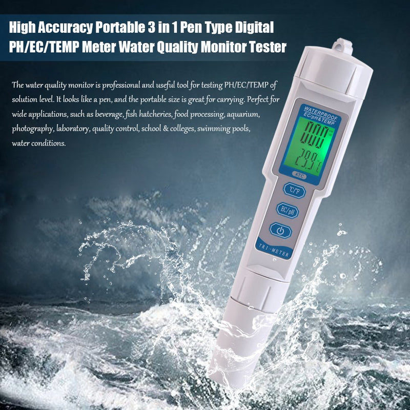 PH/EC/Temp Meter Professional 3 in 1 Portable High Accuracy Handheld Pen Testing Water Quality Tester Meter