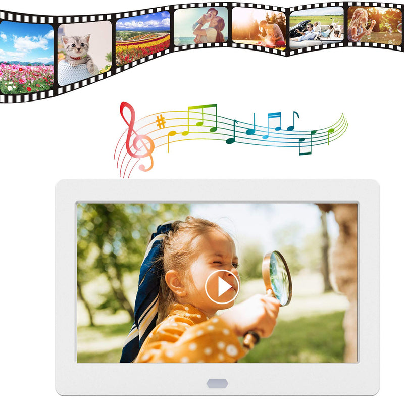 7 inch Digital Picture Frame with 1920x1080 IPS Screen Digital Photo Frame Support 1080P Video, Adjustable Brightness, Image Preview, Timing Power On/Off, Background Music, Slideshow Mode, White 7 inch-new