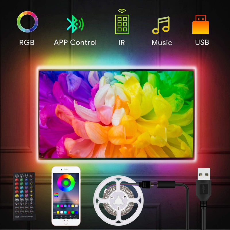 LED TV Backlight, 6.56ft USB LED Light Strip with Bluetooth APP Control, Sync to Music, RGB 5050 LEDs Color Changing LED Lights for Monitor Bluetooth Control