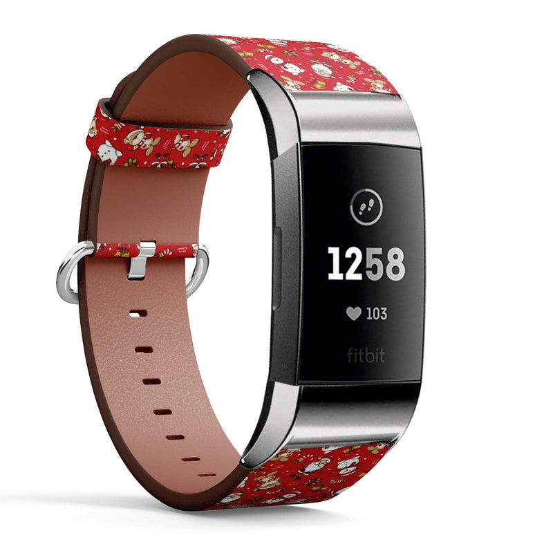 Compatible with Fitbit Charge 3 & 3 SE - Leather Wristband Bracelet Replacement Accessory Band (Includes Adapters) - Christmas Santa Bear
