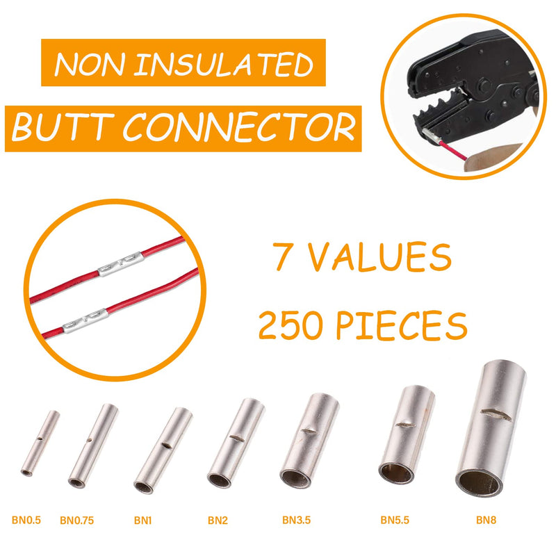HUAREW 7 Values 250 Pcs 26-22AWG 22-18AWG 22-16AWG 16-14AWG 14-12AWG 12-10AWG 8AWG Electrical Wire Seamless Non Insulated Butt Connector Crimp Ferrule Terminals