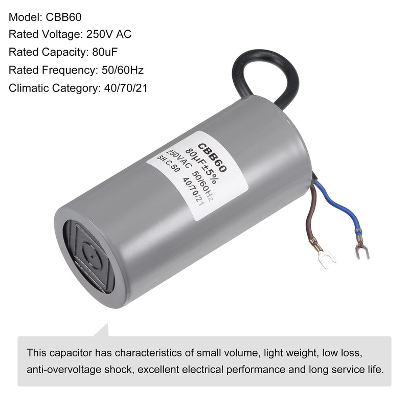 MECCANIXITY CBB60 Run Capacitor 80uF 250V AC 2 Wires 50/60Hz Cylinder 124x60mm with Terminal for Air Compressor Water Pump Motor