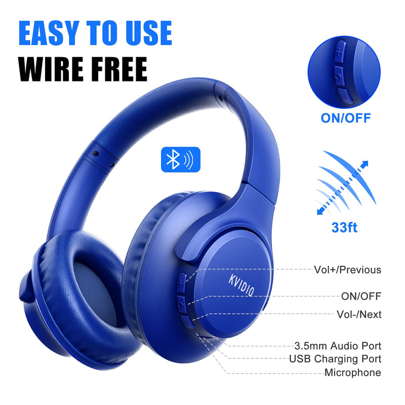 Bluetooth Headphones Over Ear,KVIDIO 55 Hours Playtime Wireless Headphones with Microphone,Foldable Lightweight Headset with Deep Bass,HiFi Stereo Sound for Travel Work Laptop PC Cellphone (Blue) Blue