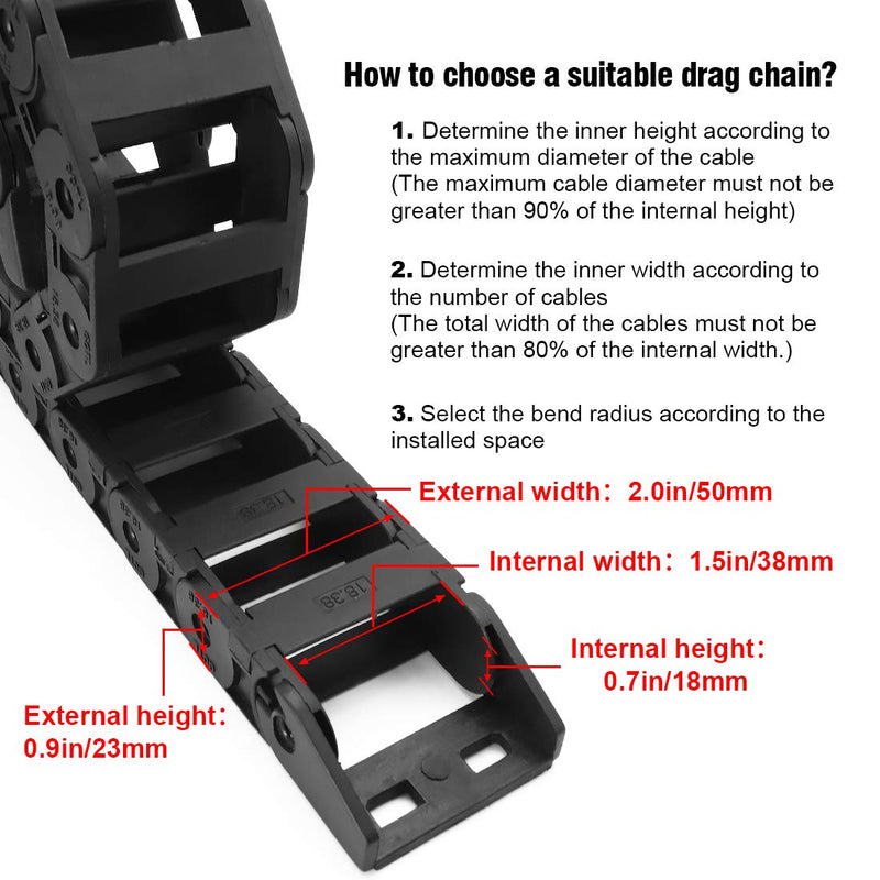 LMioEtool R38 18mm x 38mm(Inner H x Inner W) Black Plastic Cable Wire Carrier Drag Chain 1M Length for CNC, with End Connectors - Bridge Type (Inner Side openable) 18*38