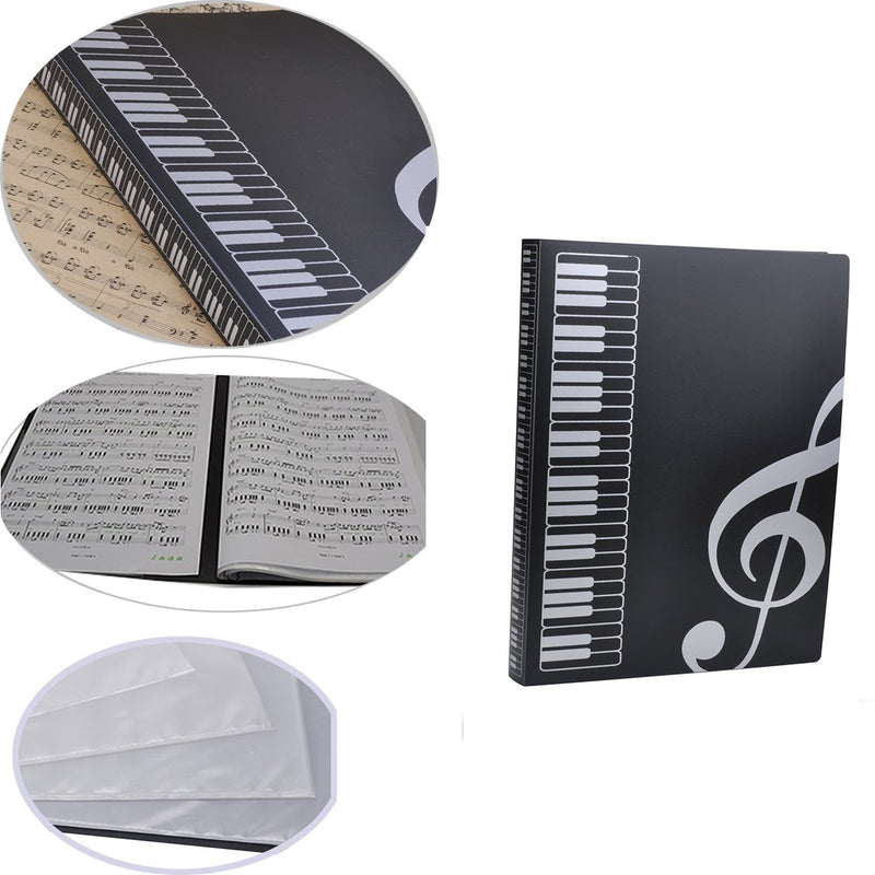 Music Sheet File Paper Storage Folder Documents Holder Blank Sheet Files Plastic A4 Size 40 Pockets (G Clef-Black) G Clef-black