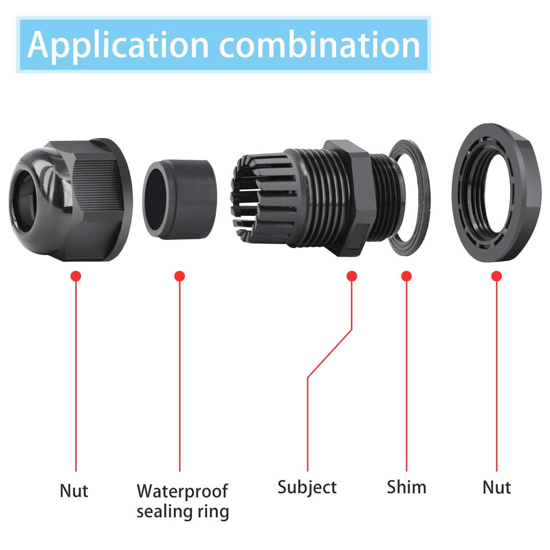 NineLeaf 10 Piece Waterproof Cable Glands Joints Adjustable 6-12mm Cable Connectors,M20x1.5 Black Compression Cable Glands Joints 20mm Diameter Titting Hole Glands, IP66 for Outdoor Use