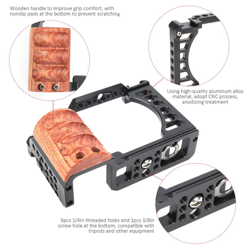 Vlog Camera Cage for Sony A7C, Camera Video Stabilizer Shooting Cage Kit with Wooden Handle Grip, with 1/4in & 3/8in Screw Hole and Cold Shoe Mount