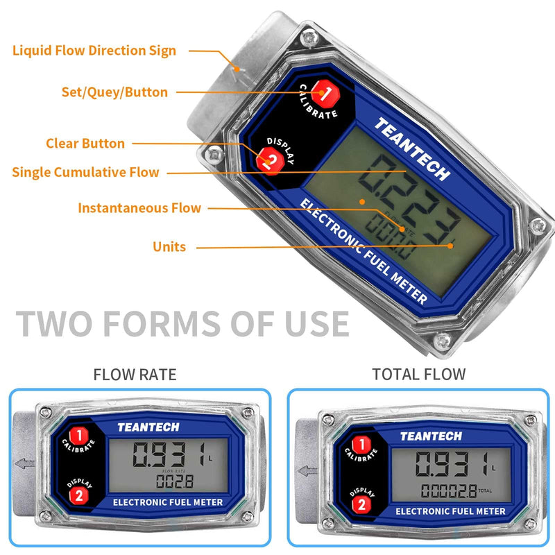 Digital Turbine Flow Meter Digital LCD Display with NPT Counter Gas Oil Fuel Flowmeter for Measure Diesel Kerosene Gasoline (1 Inch) 1 inch Black blue