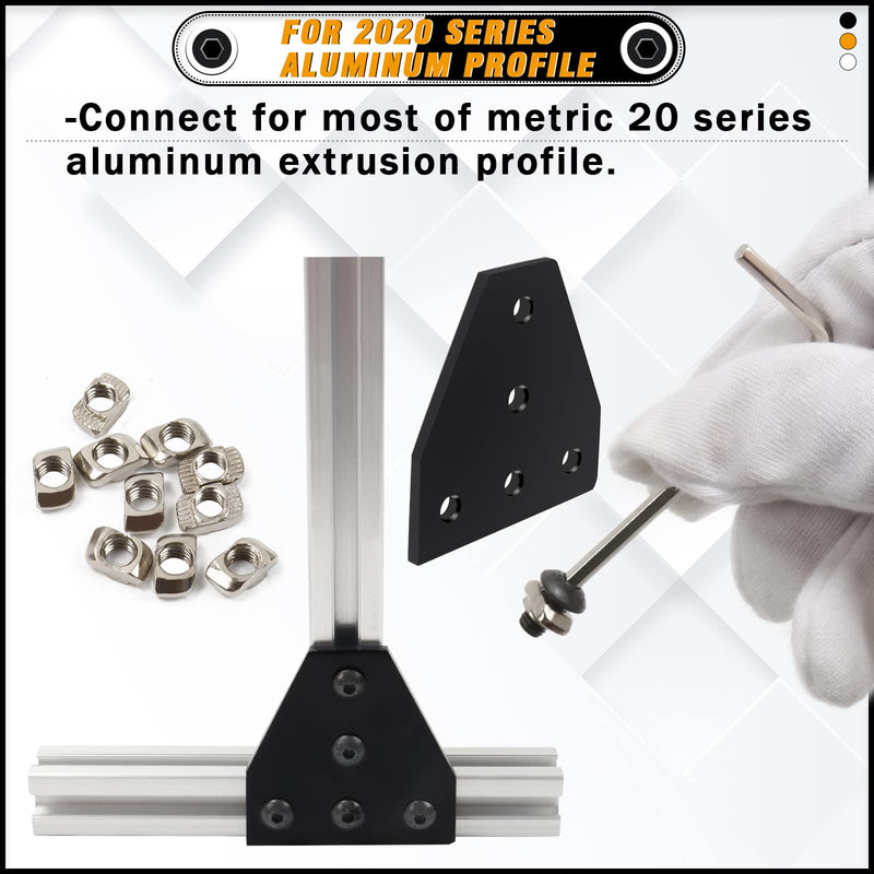 KOOTANS 10pcs 2020 Series Black 5 Hole T Shape Joint Plates with 50pcs M5 T Nuts + 50pcs M5x8mm Hex Socket Cap Screws + 1pcs Wrench, for Standard 6mm Slot Aluminum Profile 3D Printer Frame