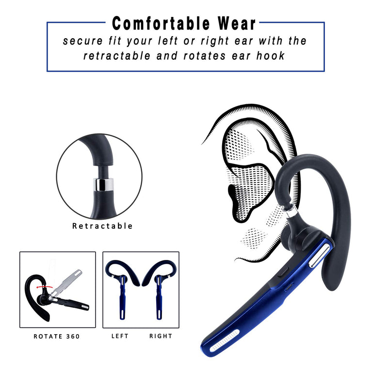 Reaton Bluetooth Headset, Phone Wireless Bluetooth Earpiece W/Noise Cancelling Mic,10-Hr Playing Time, Hands Free Wireless Headphone for Cell Phone-Compatible with iOS, Android-Blue Blue