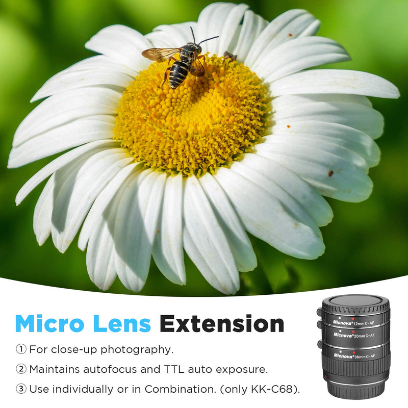 Micnova KK-C68 Macro Lens Tube Extension for Canon DSLR, Pro Auto Focus Macro Extension Tube Set for Canon EOS EF & EF-S Mount 5D2 5D3 6D 650D 750D Film Cameras (12mm 20mm and 36mm Tubes)