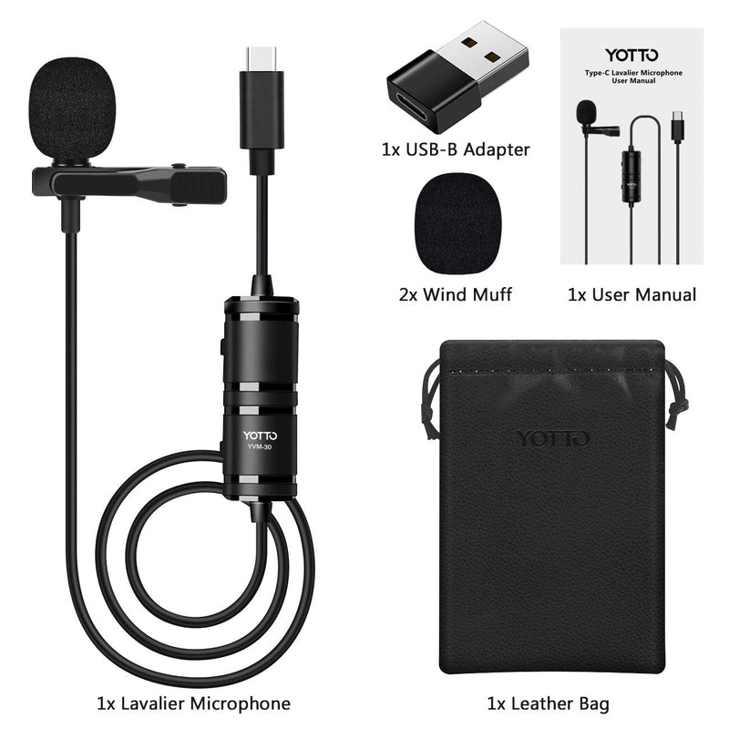 YOTTO USB Type-C Lavalier Microphone for Android, Omnidirectional Condenser USB-C Clip on Lapel Microphone for YouTube, TikTok, Interview, Livestream, Video, Recording with USB-B Adapter(19.5ft)