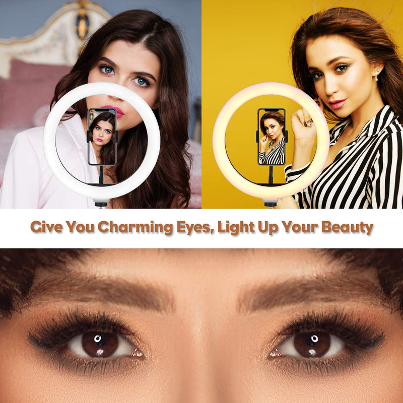 10" Selfie Ring Light with Tripod Stand&Phone Holder Tri-Color Light Modes Dimmable Desktop LED Circle Light Bluetooth Remove Control LED Camera Light for YouTube Video Live Stream Makeup Photography