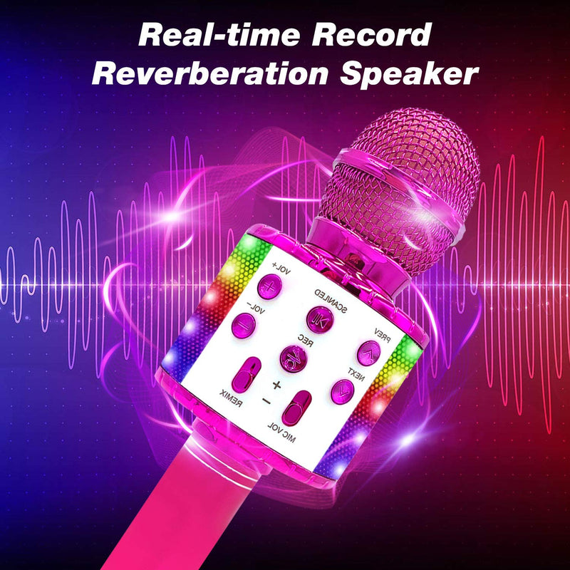 [AUSTRALIA] - 4 in 1 Wireless Bluetooth Karaoke Microphone with LED Lights,Handheld Portable Microphone for Kids, Home KTV Player with Record Function, Compatible with Android & iOS Devices (Pink) Pink 