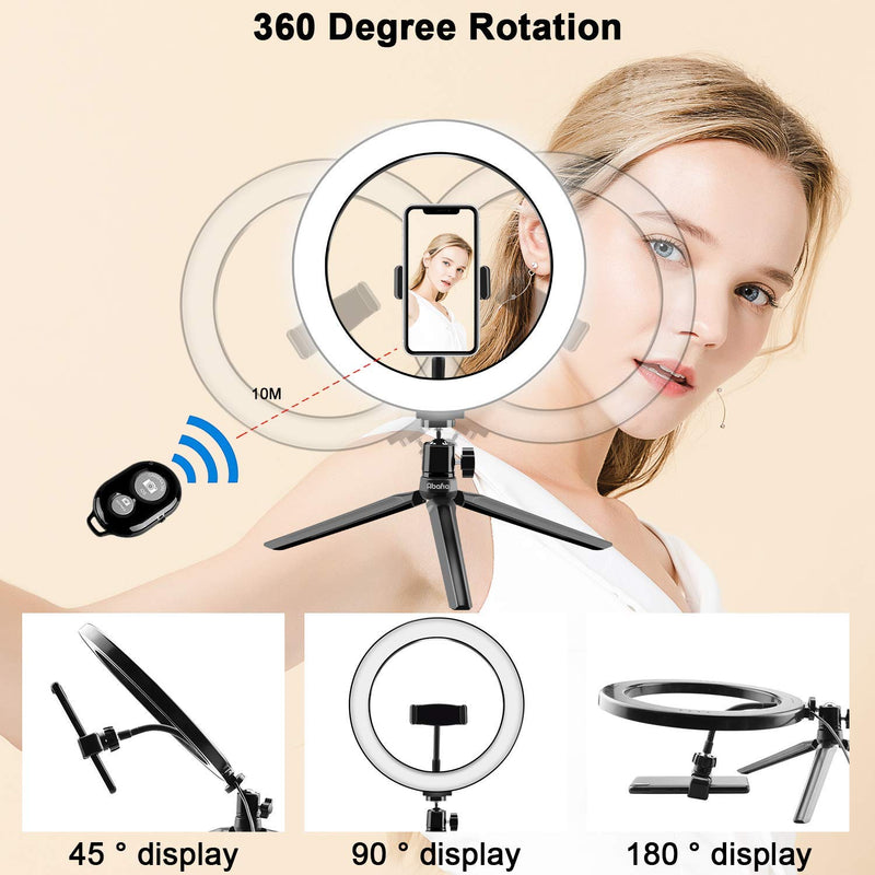 Abafia Mini Led Ring Light, Ring Light Tripod with Remote Control, 3 Color Mode and 10 Brightness Levels, Selfie Light 360 Degree Rotation for Live Streaming, Selfie, Video Shoot, Makeup （3.5-6.5''