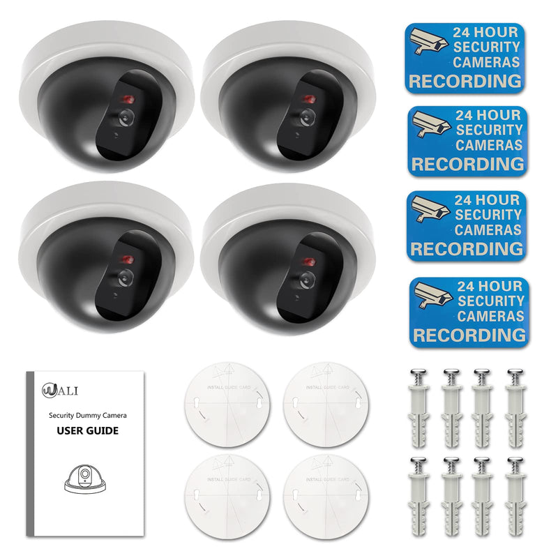 WALI Dummy Fake Security CCTV Dome Camera with Flashing Red LED Light with Security Alert Sticker Decals (SDW-4), 4 Packs, White