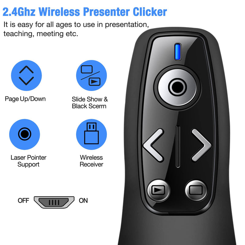 Presentation Clicker Wireless Presenter Remote for PowerPoint, RF 2.4GHz USB Powerpoint Clicker with Hyperlink & Volume Control PowerPoint Slide Advancer for Mac, Computer, Laptop Black-Red Light