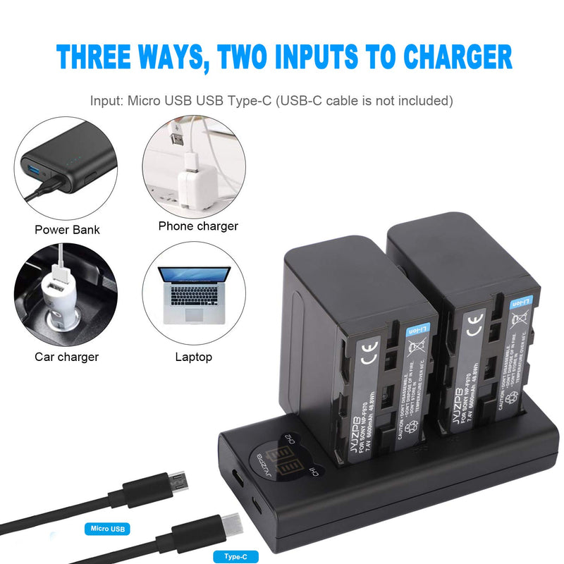 JYJZPB NP-F970 Battery and Battery Charger for Sony NP-F750 NP-F550 NP-F570 NP-F960 NP-F930 Battery and Sony Handycam DCR-VX2100 DSR-PD150 FDR-AX1 HDR-AX2000 HDR-FX1(6600mAh Real Capacity)