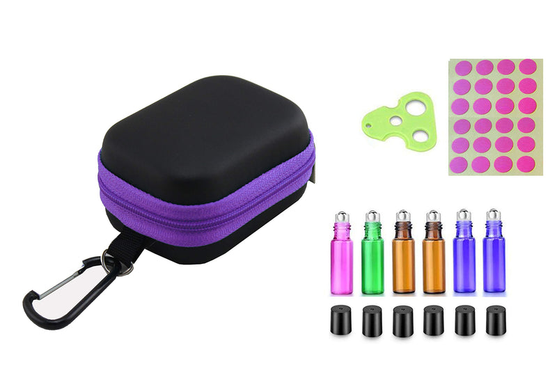 Premium 6 Pack 5ML Roller Bottles With 1X Essential Oil Carrying Case Perfects For Purse Travel 1PCS Opener Key Tool Some Blank lables (Purple) Purple
