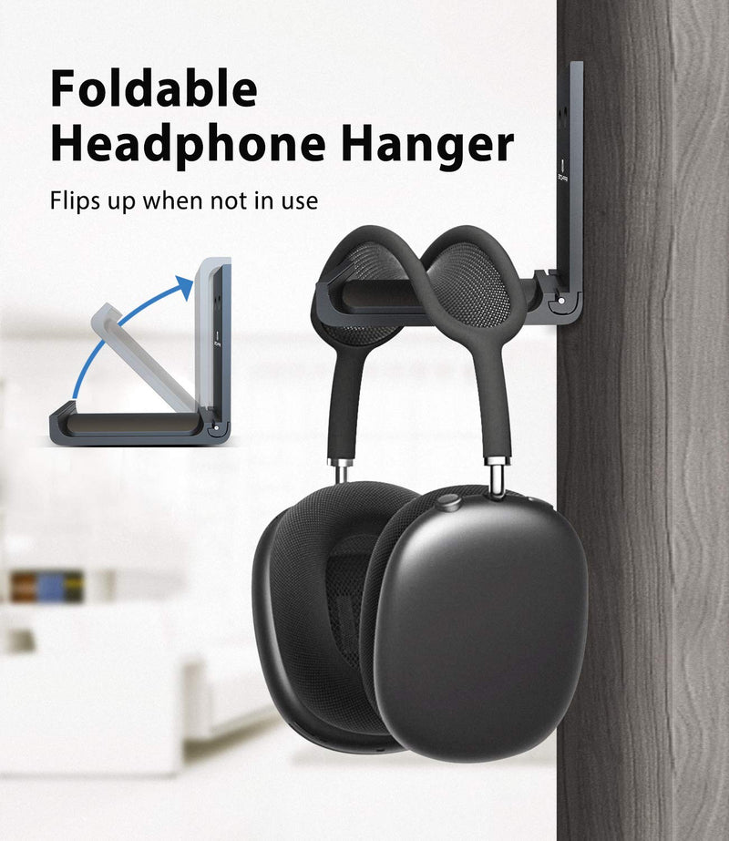 (2 Pack) Headphone Stand Hanger Wall Mount Foldable Headphone Hook, Save Space Durable Aluminum Headset Stand Holder for Universal Gaming Headset, w/3M Strong Adhesive APPHOME Premium Black - Two Pack