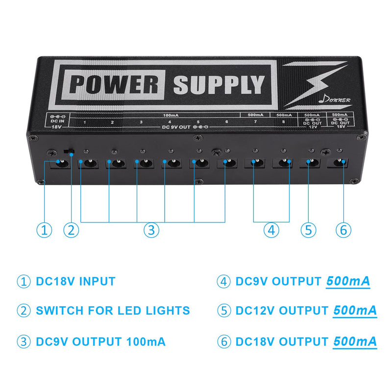 Donner DP-2 Guitar Pedal Power Supply 10 DC Output for 9V/12V/18V Effect Pedals